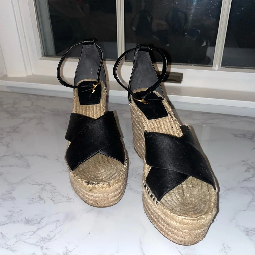 Tory Burch Women Espadrilles Black Leather High Heel Sandals size 8.5​​
